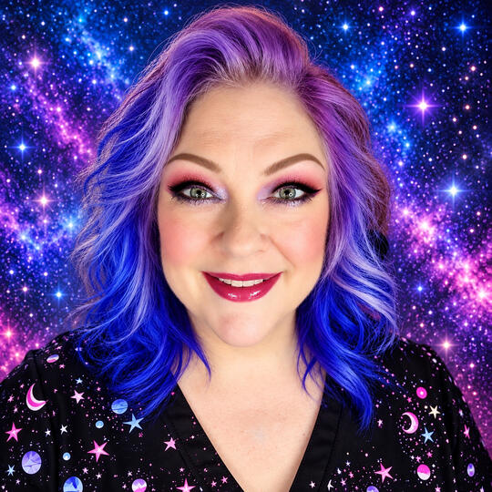Portrait of Angie Y with purple hair against a galaxy background